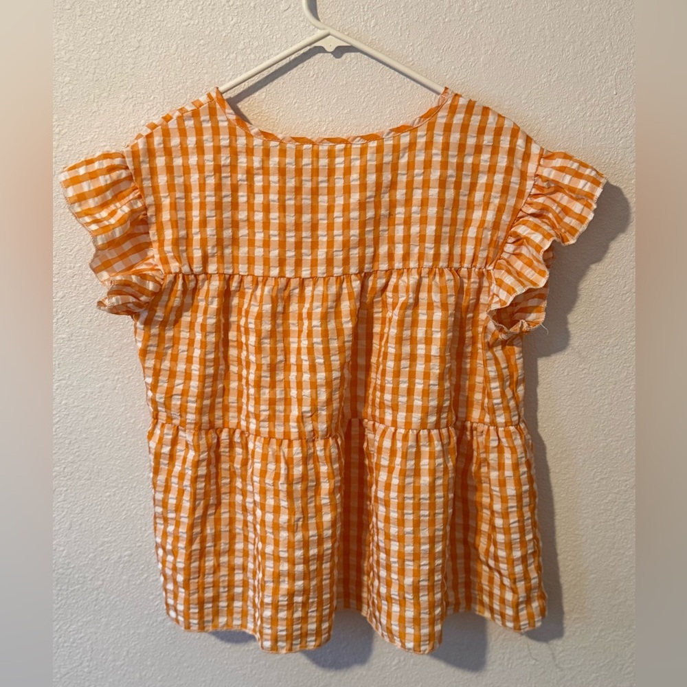 Orange Gingham Ruffle Sleeve Top